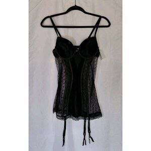 Frederick's of Hollywood Alena Corset Garter Straps Med Black Sexy Sheer Gothic